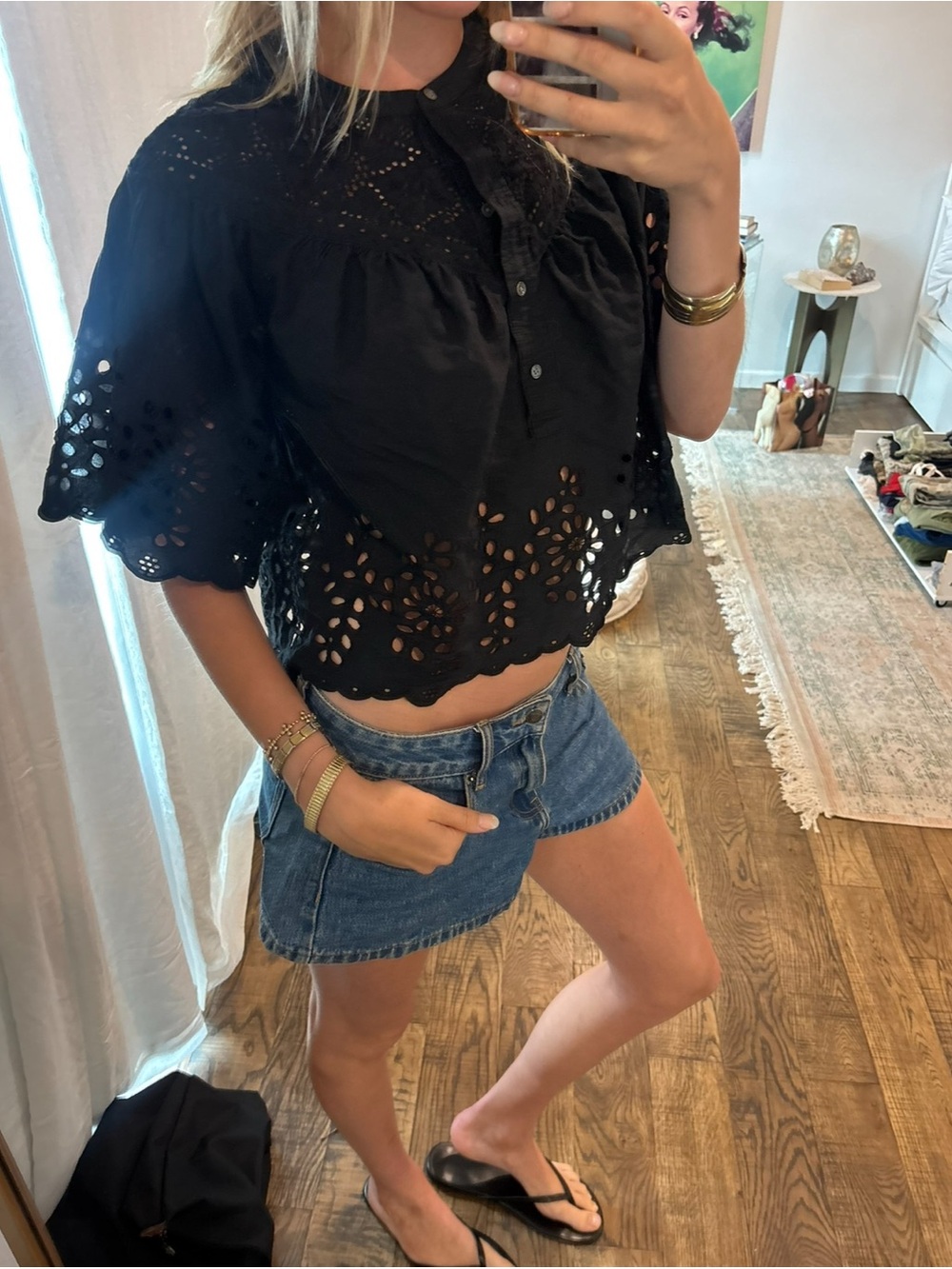 Madewell Women’s Black Embroidered Shirred Henley Top